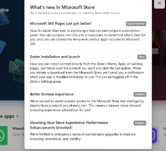 微软Store拥有专门的新增内容部分其中包含更改日志